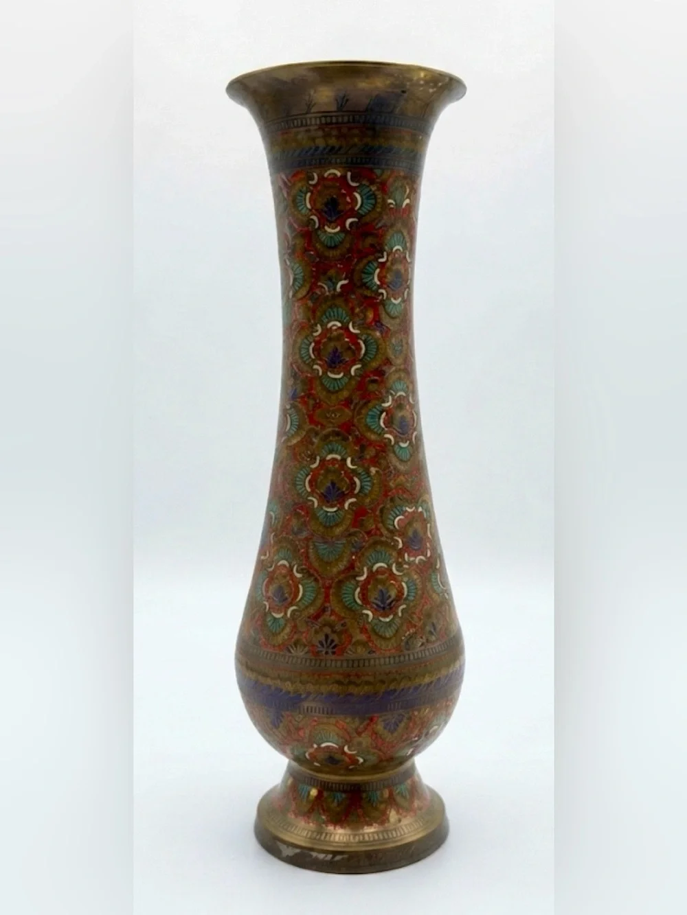 Vintage Chinese Cloisonné Brass Vase 11.5” Red Floral Enamel Asian Decor